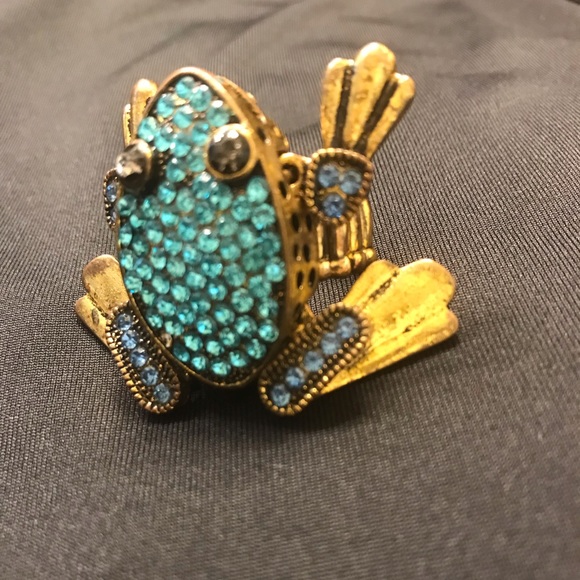 Blue/green Rhinestone Frog Stretch Ring Vintage 80’s - Picture 2 of 5